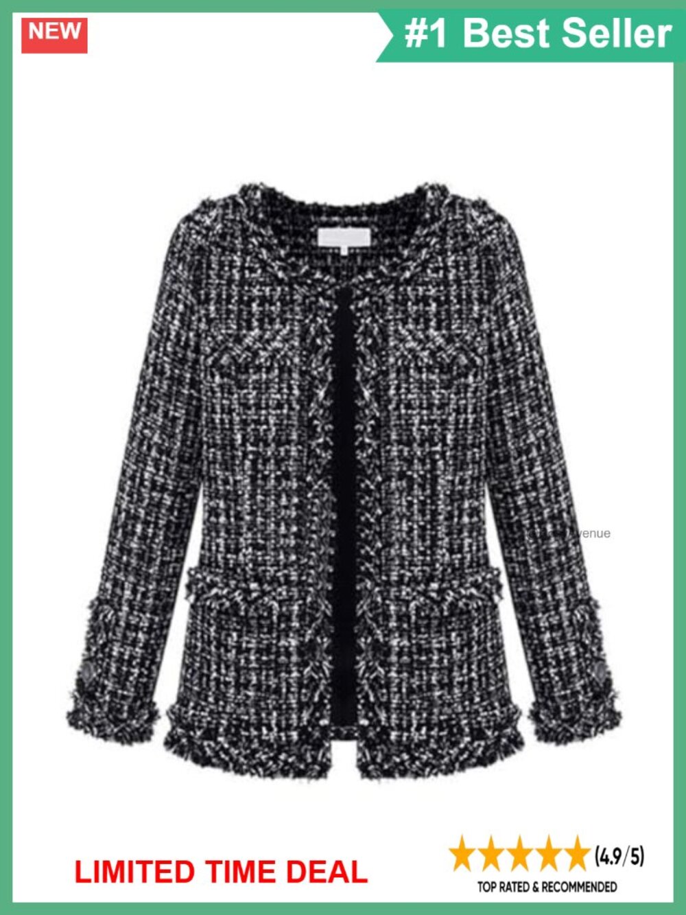 Tweed Blazer Jacket Collarless Open Front Fringe Business Casual